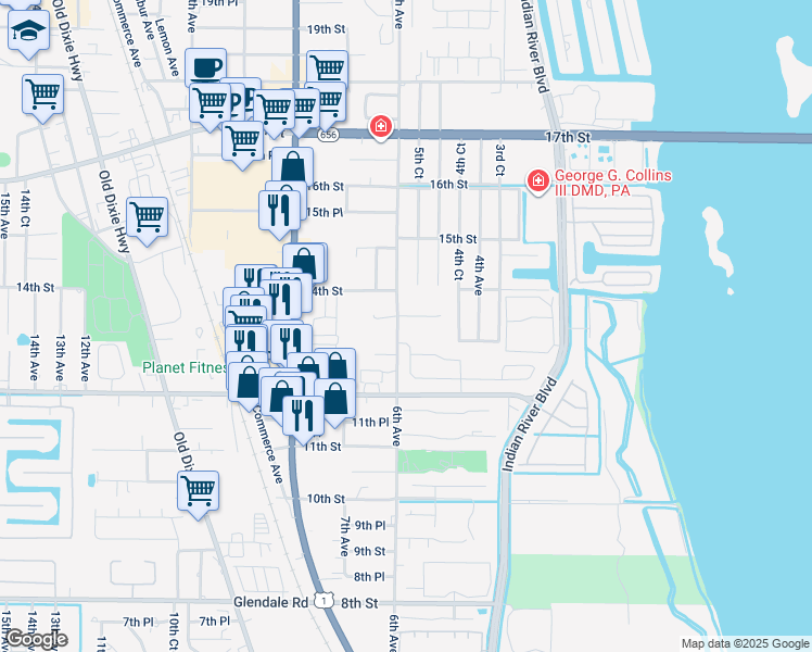 map of restaurants, bars, coffee shops, grocery stores, and more near 585 13th Place in Vero Beach
