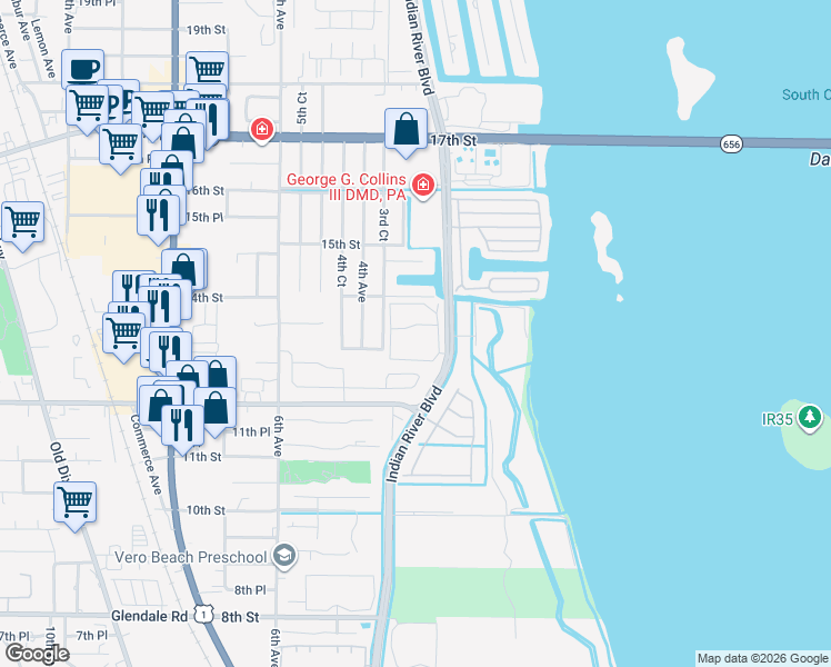 map of restaurants, bars, coffee shops, grocery stores, and more near 265 13th Place in Vero Beach