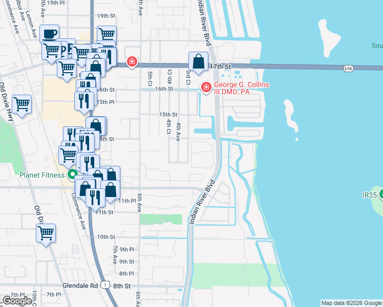 map of restaurants, bars, coffee shops, grocery stores, and more near 1350 3rd Avenue in Vero Beach