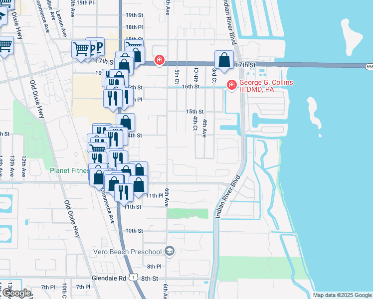 map of restaurants, bars, coffee shops, grocery stores, and more near 526 13th Place in Vero Beach
