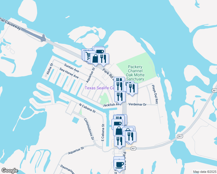 map of restaurants, bars, coffee shops, grocery stores, and more near 14206 Ambrosia Street in Corpus Christi