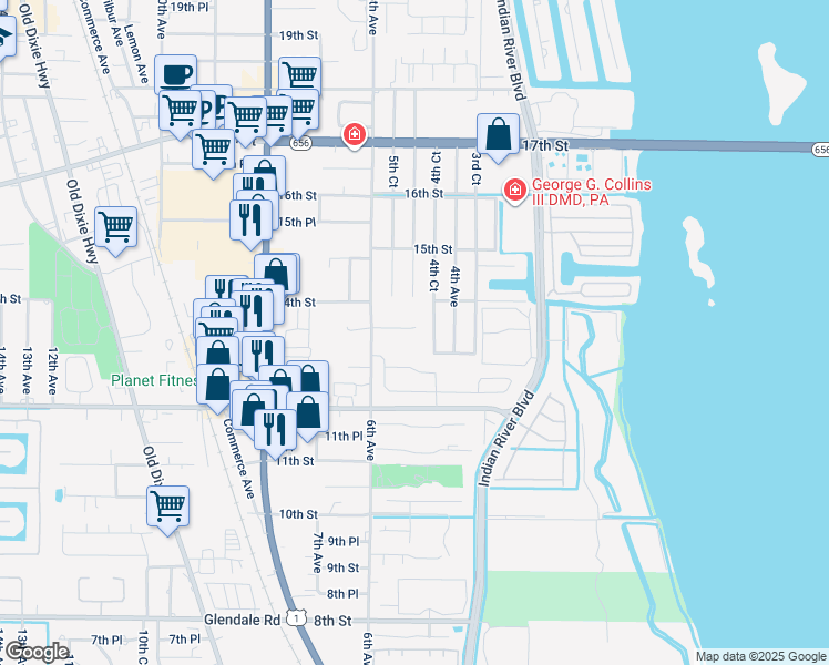 map of restaurants, bars, coffee shops, grocery stores, and more near 526 13th Place in Vero Beach