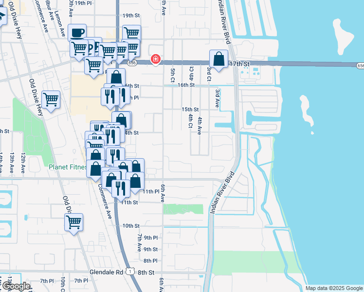 map of restaurants, bars, coffee shops, grocery stores, and more near 526 13th Place in Vero Beach