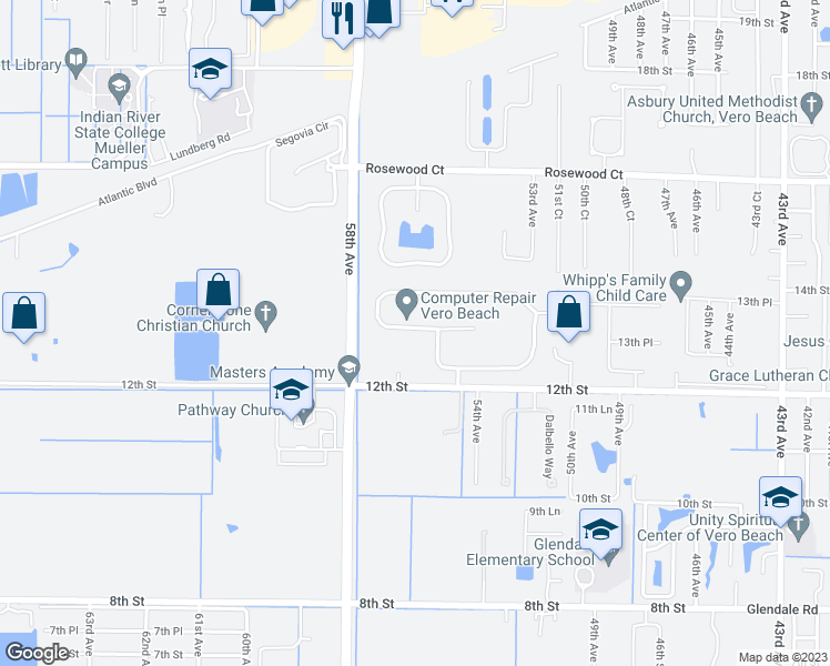 map of restaurants, bars, coffee shops, grocery stores, and more near 1255 Scarlet Oak Circle in Vero Beach