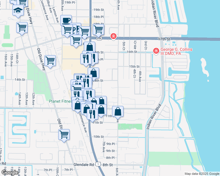 map of restaurants, bars, coffee shops, grocery stores, and more near 1295 6th Avenue in Vero Beach
