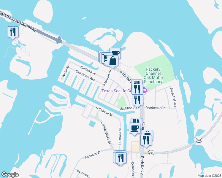map of restaurants, bars, coffee shops, grocery stores, and more near 14318 Scallop Street in Corpus Christi