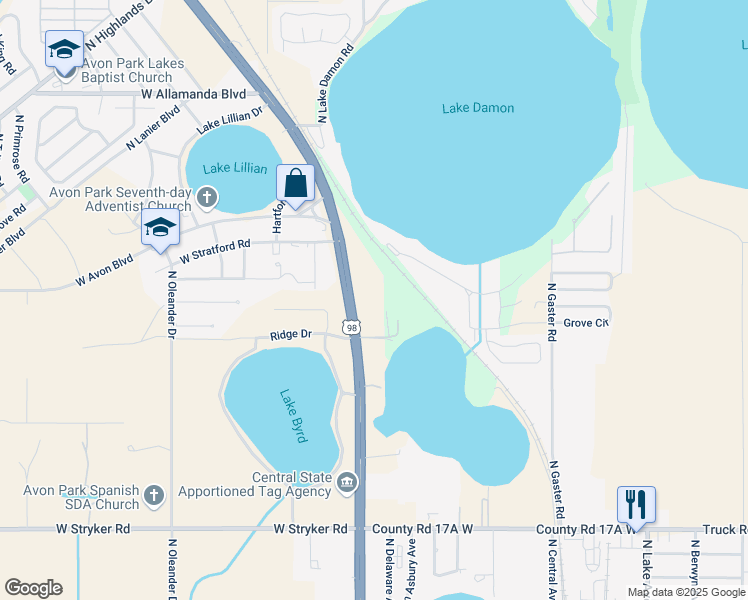 map of restaurants, bars, coffee shops, grocery stores, and more near 2108-2246 Highway 17 in Avon Park