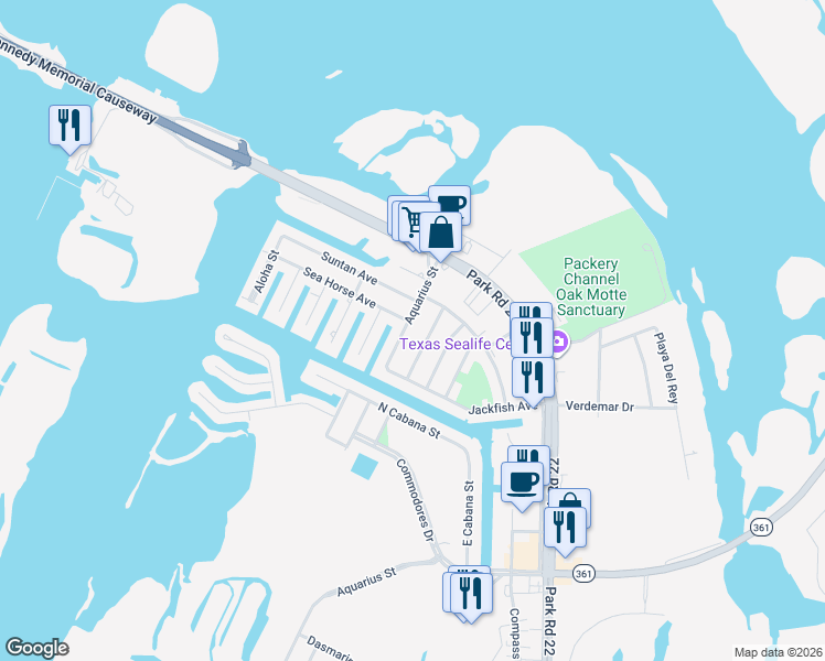 map of restaurants, bars, coffee shops, grocery stores, and more near 14310 Aquarius Street in Corpus Christi