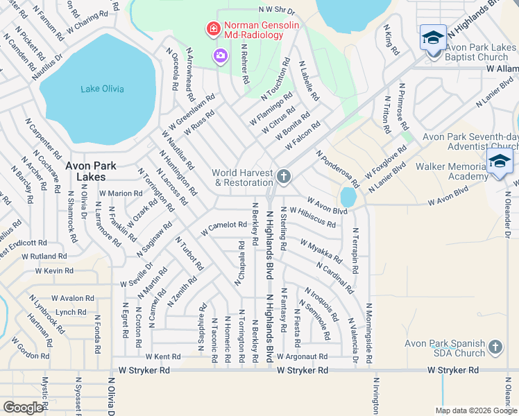 map of restaurants, bars, coffee shops, grocery stores, and more near 2218 North Berkley Road in Avon Park