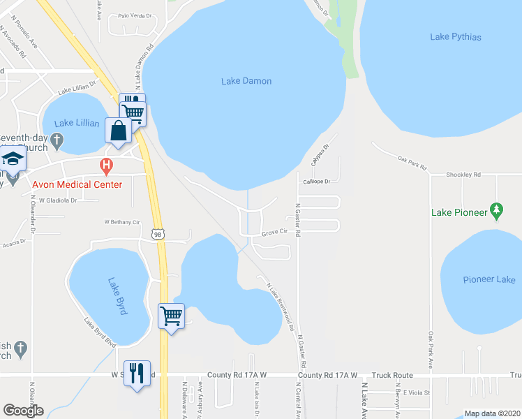 map of restaurants, bars, coffee shops, grocery stores, and more near Grove Circle in Avon Park