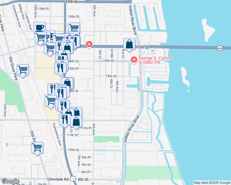 map of restaurants, bars, coffee shops, grocery stores, and more near 1391 4th Avenue in Vero Beach