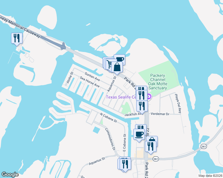 map of restaurants, bars, coffee shops, grocery stores, and more near 14310 Aquarius Street in Corpus Christi