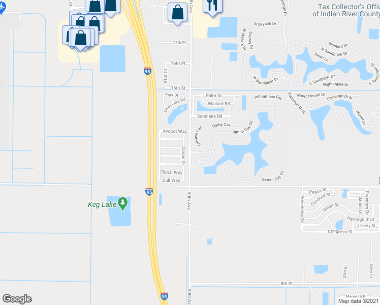 map of restaurants, bars, coffee shops, grocery stores, and more near in West Vero Corridor
