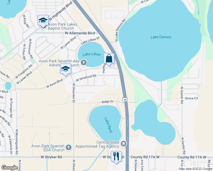 map of restaurants, bars, coffee shops, grocery stores, and more near 1298 West Gladiola Drive in Avon Park