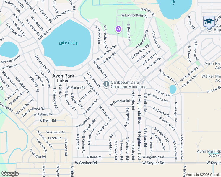 map of restaurants, bars, coffee shops, grocery stores, and more near 2210 North Huntington Road in Avon Park