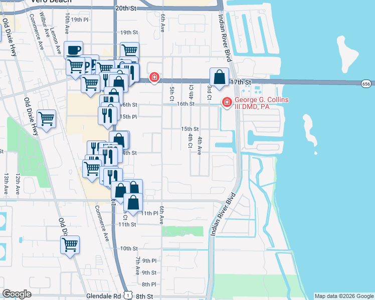map of restaurants, bars, coffee shops, grocery stores, and more near 1420 5th Avenue in Vero Beach