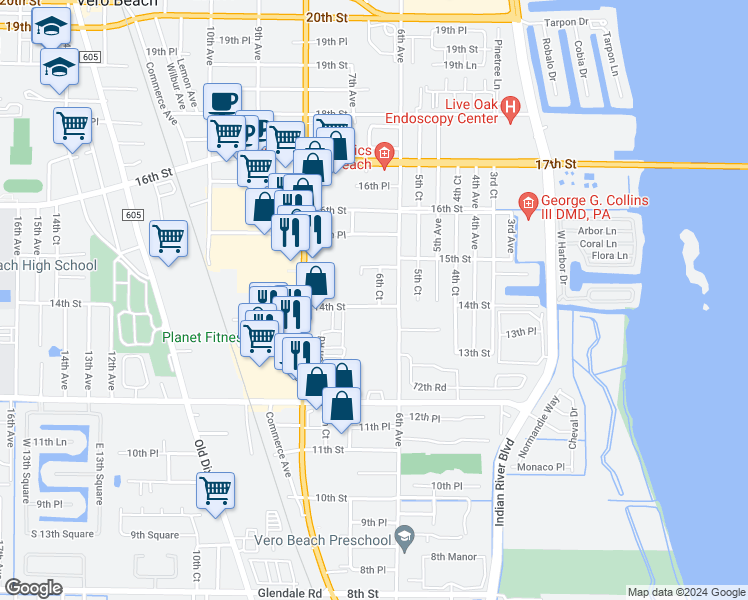 map of restaurants, bars, coffee shops, grocery stores, and more near 660 14th Street in Vero Beach