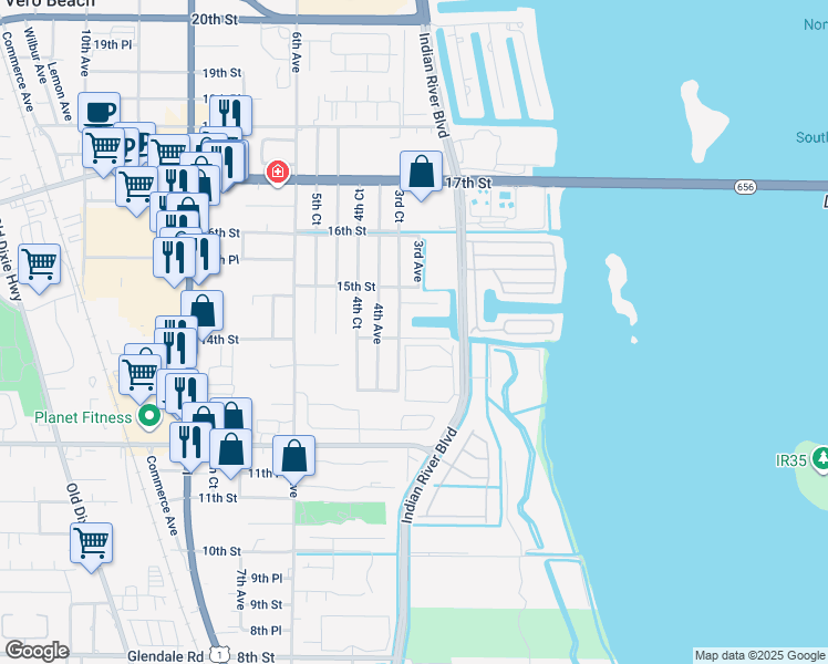 map of restaurants, bars, coffee shops, grocery stores, and more near 310 14th Street in Vero Beach
