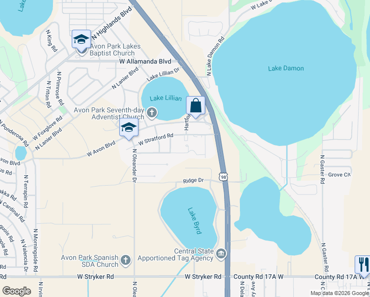 map of restaurants, bars, coffee shops, grocery stores, and more near 1298 West Gladiola Drive in Avon Park