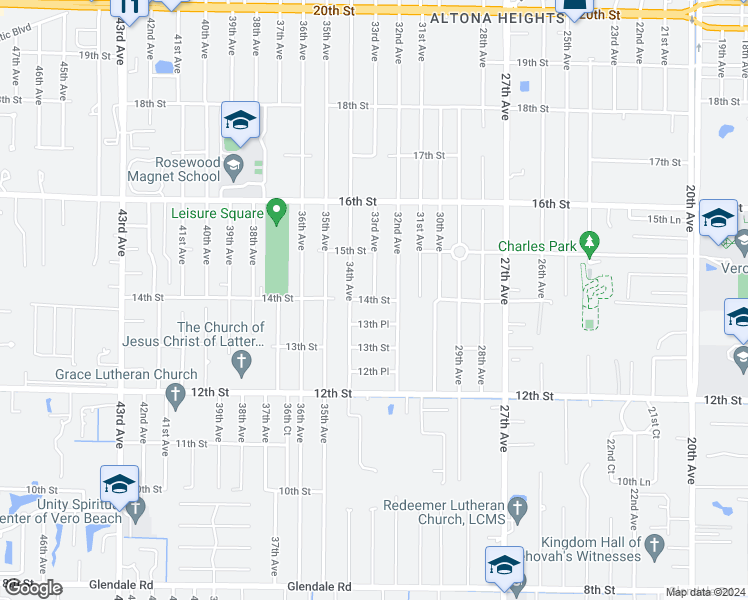 map of restaurants, bars, coffee shops, grocery stores, and more near 3301 14th Street in Vero Beach