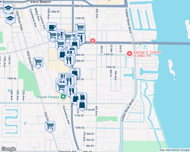 map of restaurants, bars, coffee shops, grocery stores, and more near 1421 6th Avenue in Vero Beach