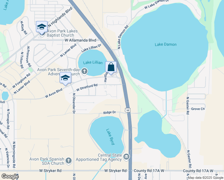 map of restaurants, bars, coffee shops, grocery stores, and more near 1298 West Gladiola Drive in Avon Park