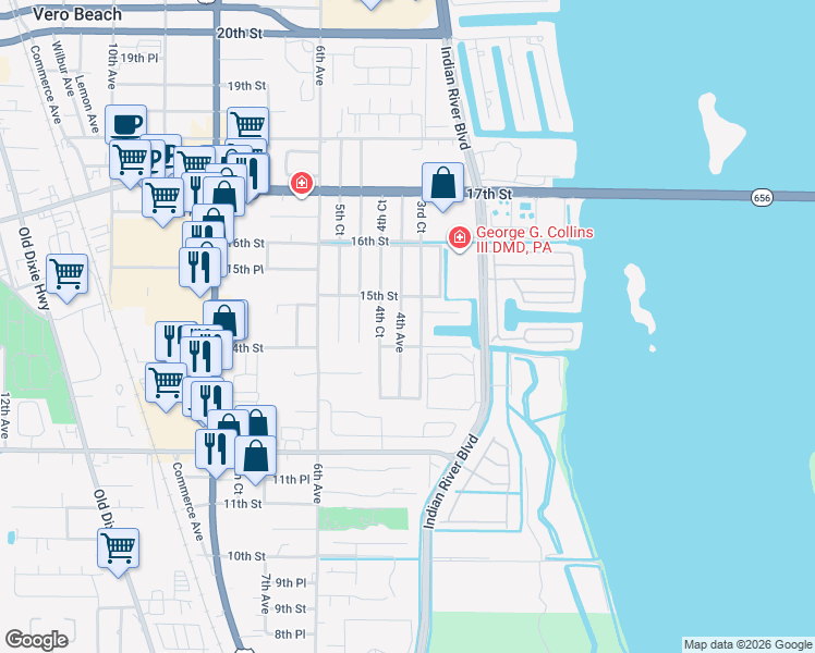 map of restaurants, bars, coffee shops, grocery stores, and more near 1391 4th Avenue in Vero Beach