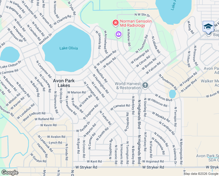 map of restaurants, bars, coffee shops, grocery stores, and more near 2210 North Huntington Road in Avon Park