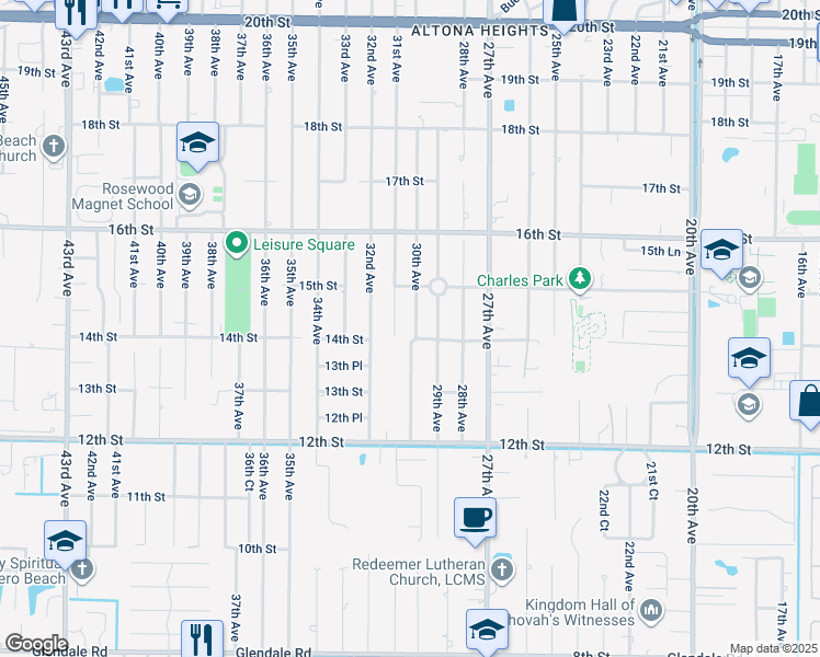 map of restaurants, bars, coffee shops, grocery stores, and more near 1425 30th Avenue in Vero Beach