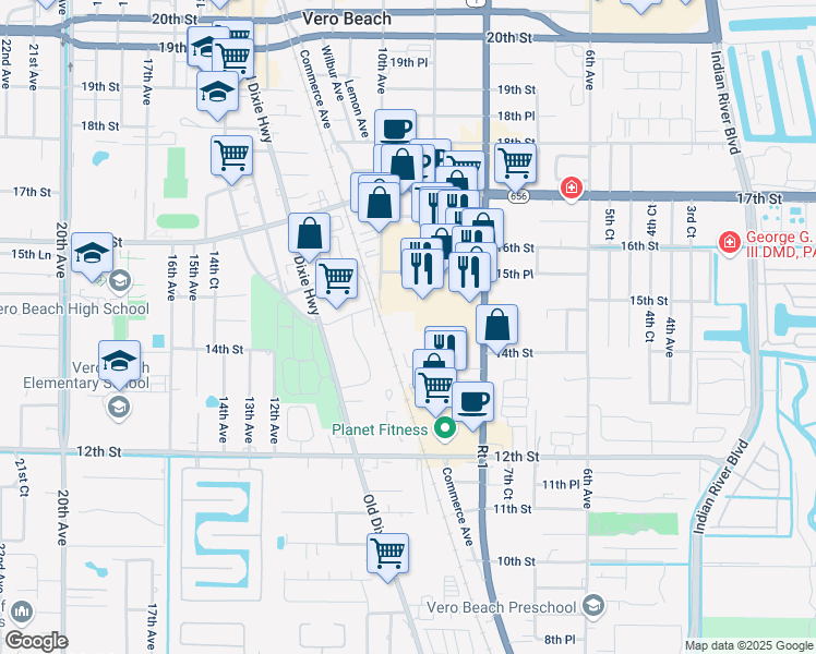 map of restaurants, bars, coffee shops, grocery stores, and more near 1400 10th Avenue in Vero Beach