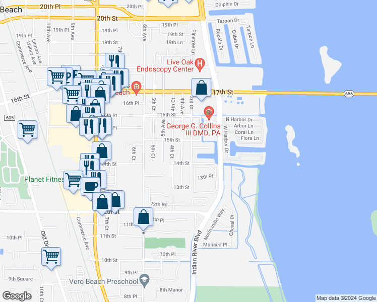 map of restaurants, bars, coffee shops, grocery stores, and more near 1451 3rd Court in Vero Beach