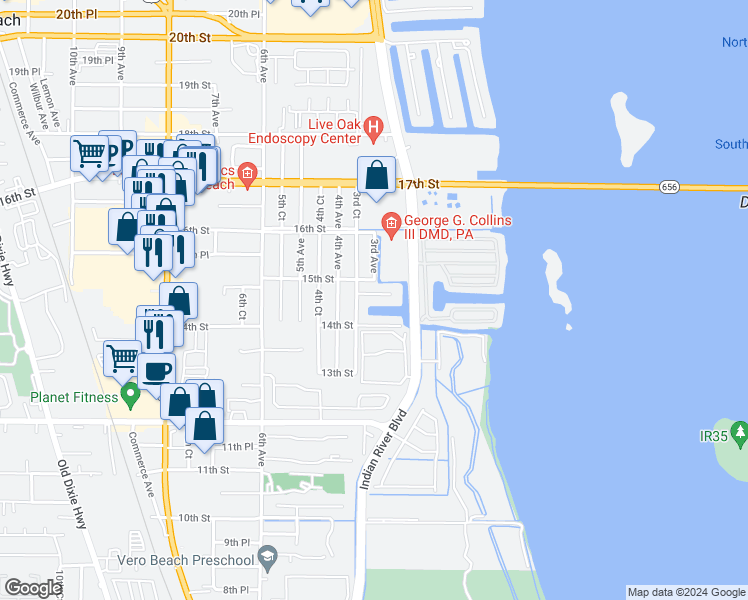 map of restaurants, bars, coffee shops, grocery stores, and more near 275 14th Place in Vero Beach