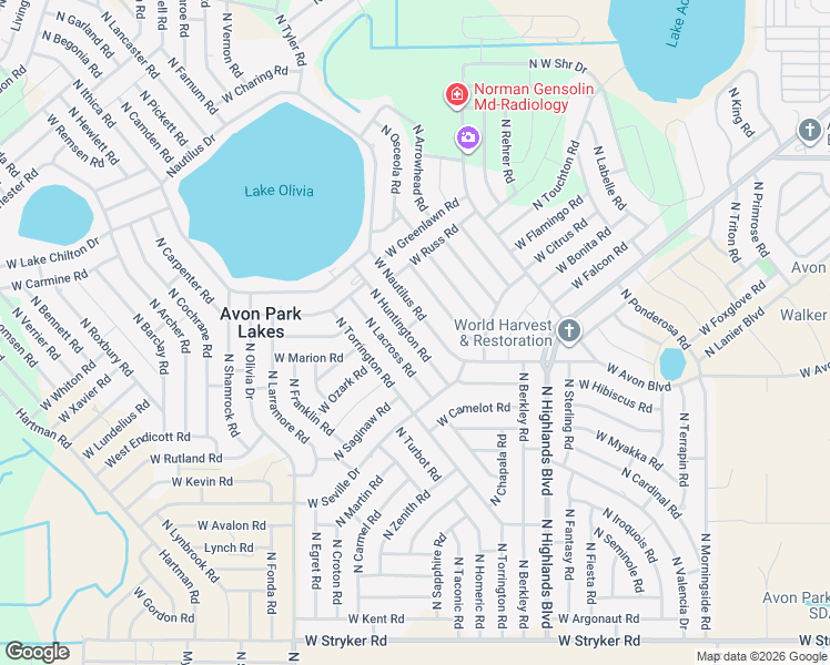 map of restaurants, bars, coffee shops, grocery stores, and more near 2323 N Huntington Rd in Avon Park