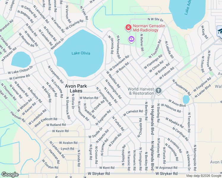 map of restaurants, bars, coffee shops, grocery stores, and more near 2323 North Huntington Road in Avon Park