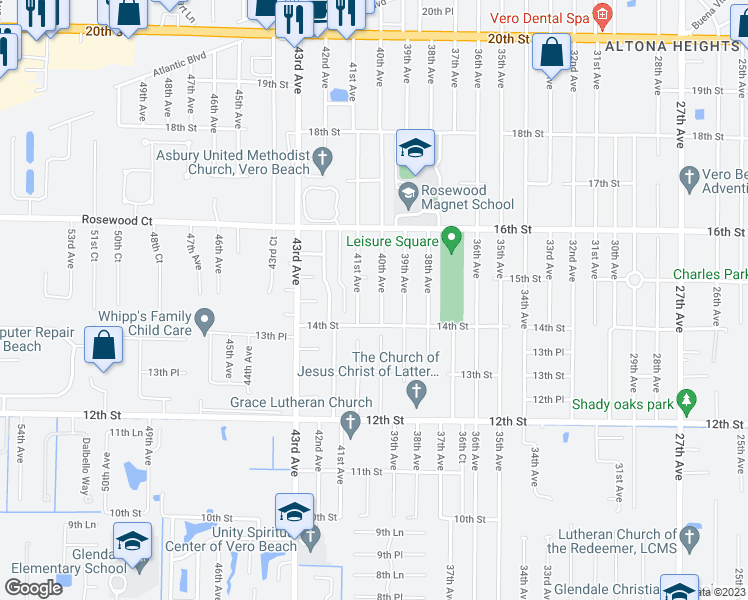 map of restaurants, bars, coffee shops, grocery stores, and more near 1445 40th Avenue in Vero Beach
