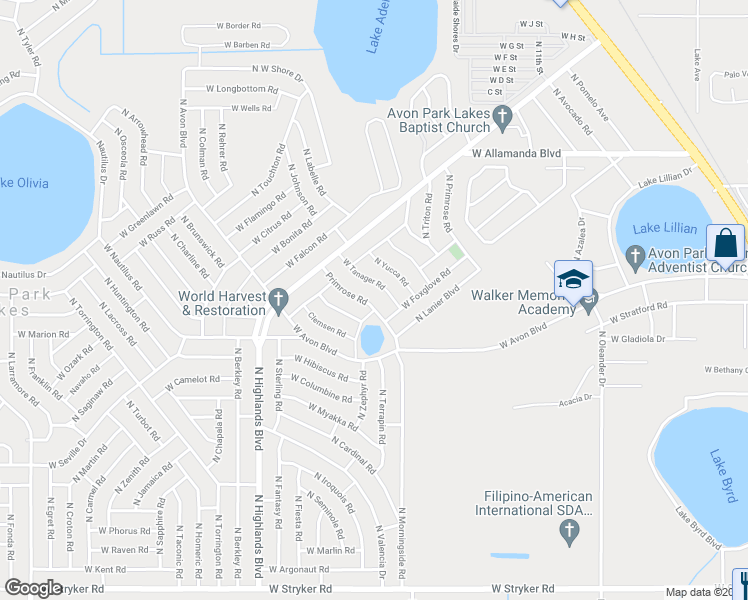 map of restaurants, bars, coffee shops, grocery stores, and more near 2270 Primrose Road in Avon Park