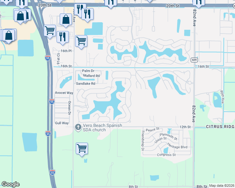 map of restaurants, bars, coffee shops, grocery stores, and more near 275 Longpointe Court in Vero Beach