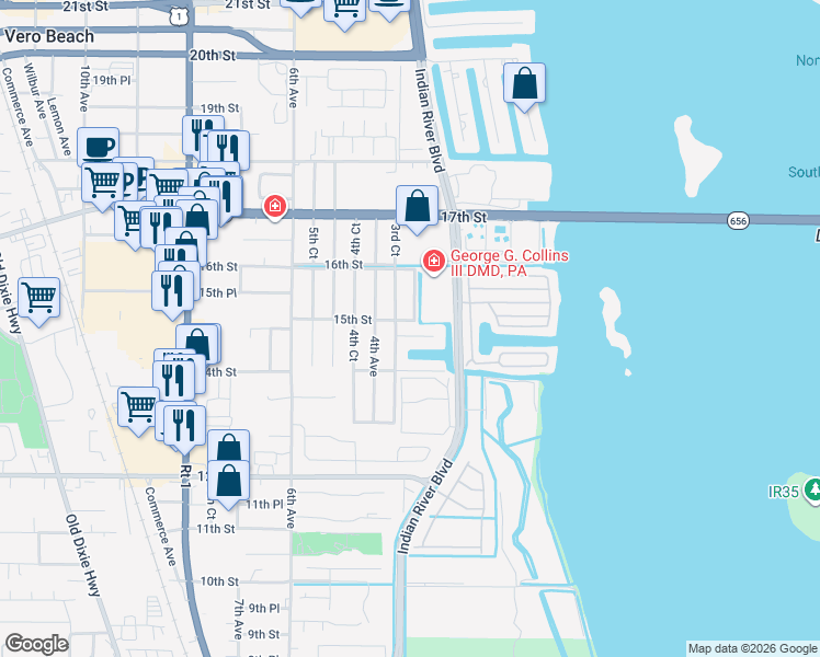 map of restaurants, bars, coffee shops, grocery stores, and more near 310 14th Pl in Vero Beach