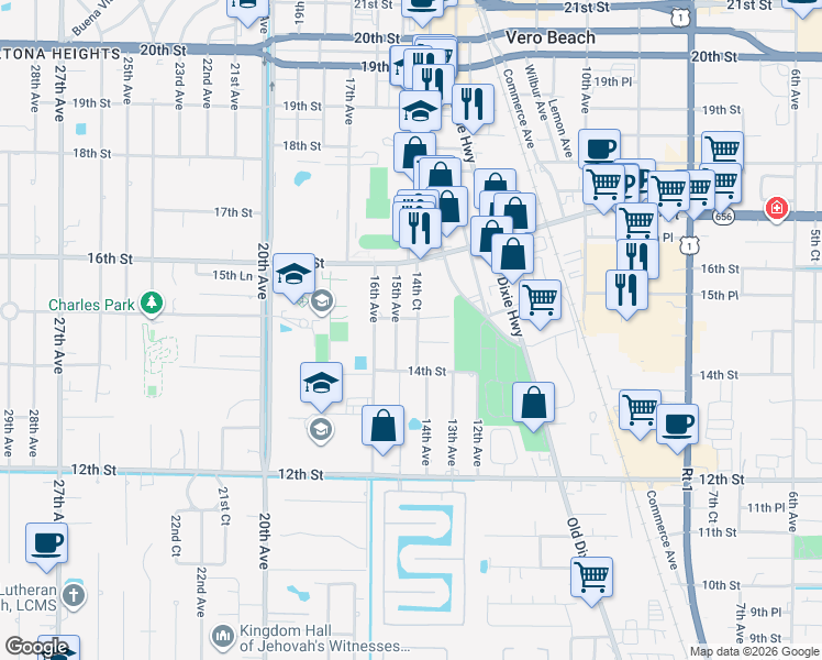 map of restaurants, bars, coffee shops, grocery stores, and more near 1465 14th Court in Vero Beach