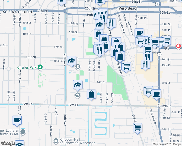 map of restaurants, bars, coffee shops, grocery stores, and more near 1466 16th Avenue in Vero Beach