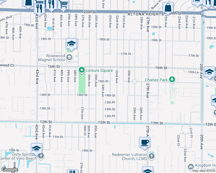 map of restaurants, bars, coffee shops, grocery stores, and more near 1445 33rd Avenue in Vero Beach