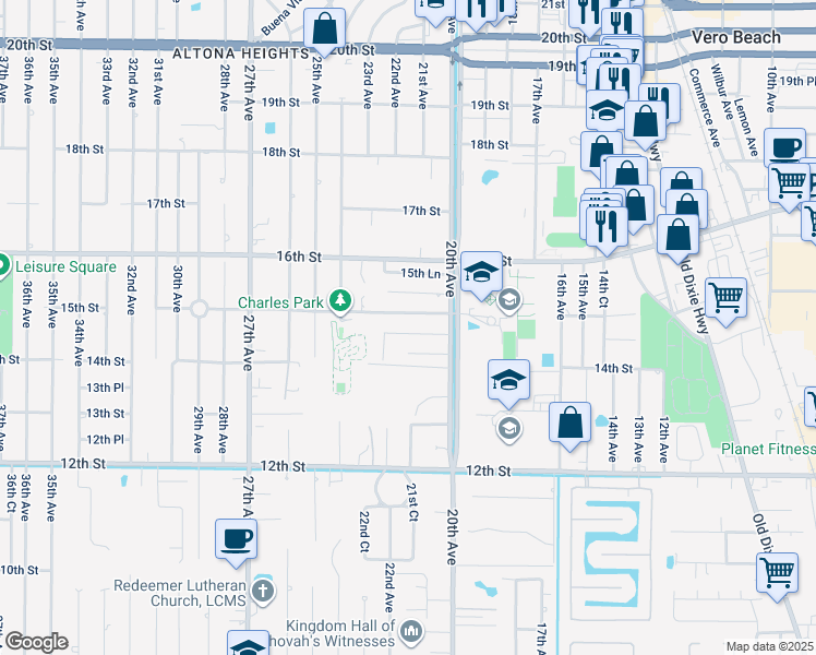 map of restaurants, bars, coffee shops, grocery stores, and more near 2056 14th Place in Vero Beach