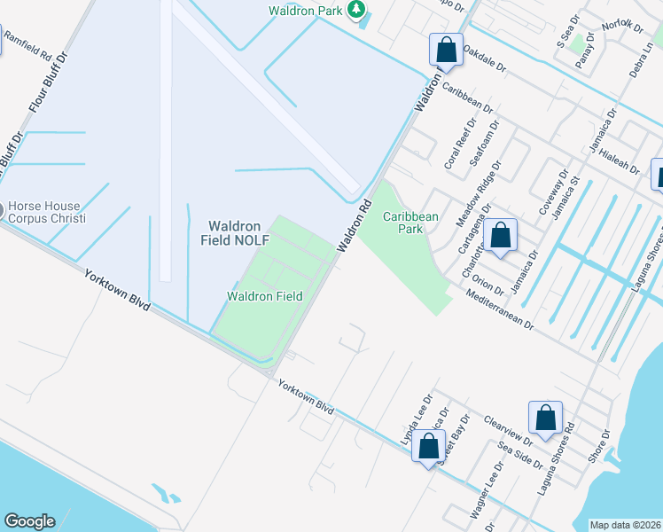 map of restaurants, bars, coffee shops, grocery stores, and more near 3513 Waldron Road in Corpus Christi