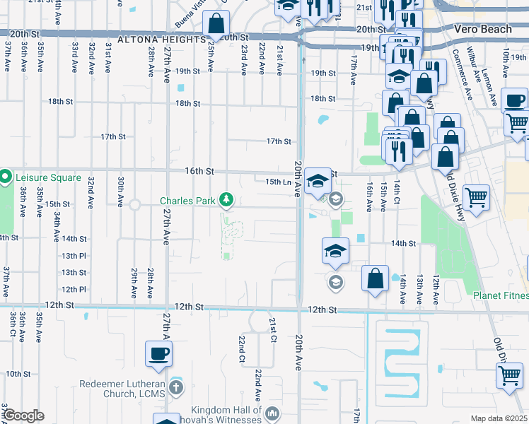 map of restaurants, bars, coffee shops, grocery stores, and more near 2056 14th Place in Vero Beach