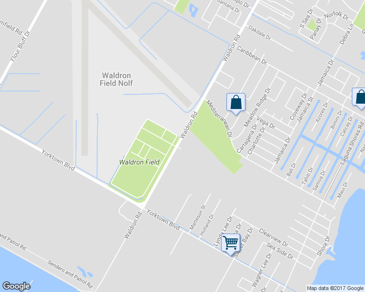 map of restaurants, bars, coffee shops, grocery stores, and more near 3513 Waldron Road in Corpus Christi