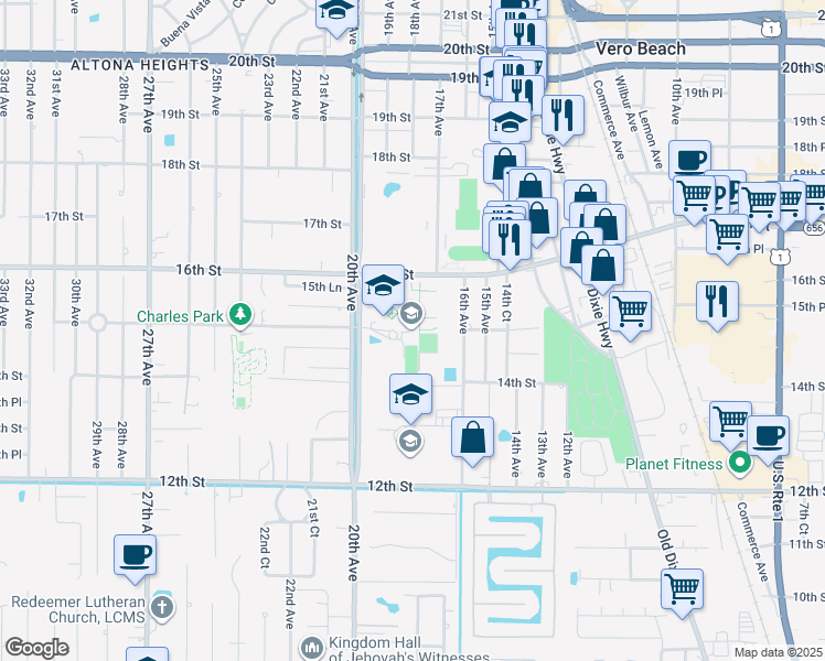 map of restaurants, bars, coffee shops, grocery stores, and more near 1707 16th Street in Vero Beach