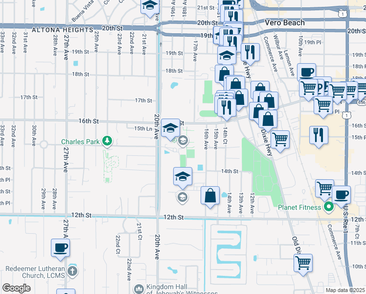 map of restaurants, bars, coffee shops, grocery stores, and more near 1707 16th Street in Vero Beach