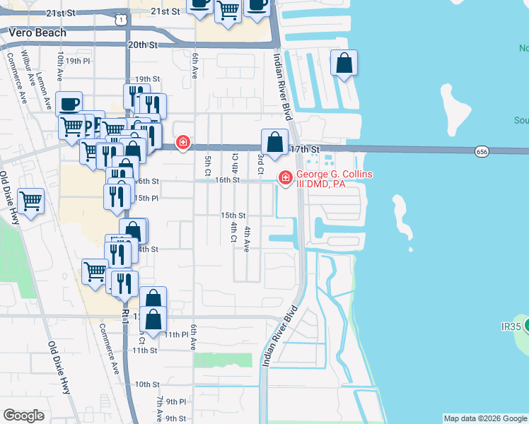 map of restaurants, bars, coffee shops, grocery stores, and more near 310 14th Place in Vero Beach