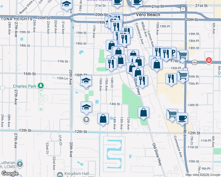 map of restaurants, bars, coffee shops, grocery stores, and more near 1465 14th Court in Vero Beach
