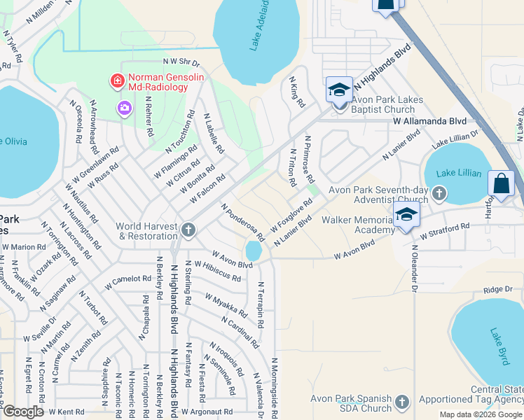 map of restaurants, bars, coffee shops, grocery stores, and more near 2270 Primrose Road in Avon Park